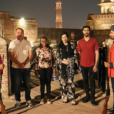 Sabir Kabir (Liaison Associate cum Coordinator), Shiela Caroline Sempa, Abeera Tanveer (Assistant Director Research) and Muhammad Shahbaz (Research Associate) at Badshahi Masjid for the cultural visit