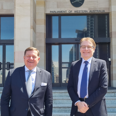 IOI Secretary General Amon and IOI President Field in front of the Western Australian Parliament
