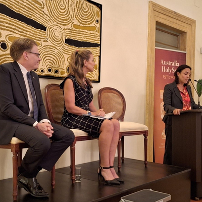 Left to right: IOI President Chris Field PSM; Australian eSafety Commissioner, Ms Julie Inman Grant; Australian Ambassador to the Holy See, Her Excellency Ms Chiara Porro