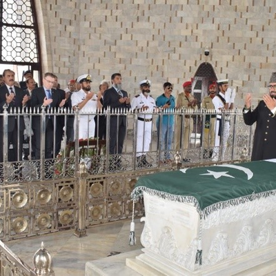 The tomb of Muhammad Ali Jinnah, the revered founder of Pakistan, in the Mazar-e-Quaid Mausoleum