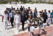 President Field and Provincial Ombudsman Sindh, Ajaz Ali Khan, lay an inscribed floral wreath at the tomb of Muhammad Ali Jinnah under full ceremonial Naval Guard