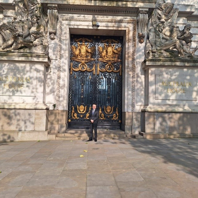 IOI President, Chris Field PSM, at the front entrance to Australia House in London