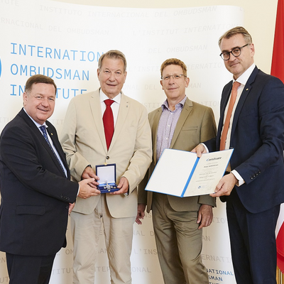 (f.l.t.r.) Secretary General Werner Amon, Honorary Life Member Peter Kostelka, Austrian Ombudsman Bernhard Achitz, IOI Executive Director Meinhard Friedl