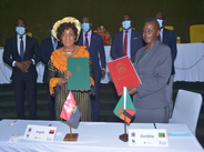 Angolan Ombudsman, Hon. Antónia Florbela de Jesus Rocha Araújo (left), signed a MoU with the Ombudsman of the Republic of Zambia, Hon. Caroline C.Z. Sokoni (right)