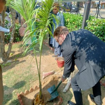 President Field plants a palm tree in the gardens of the office of the Ombudsman Sindh