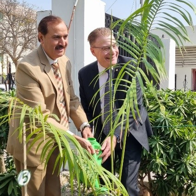 President Field and Provincial Ombudsman Sindh, Ajaz Ali Khan, plant a palm tree in the gardens of the office of the Ombudsman Sindh