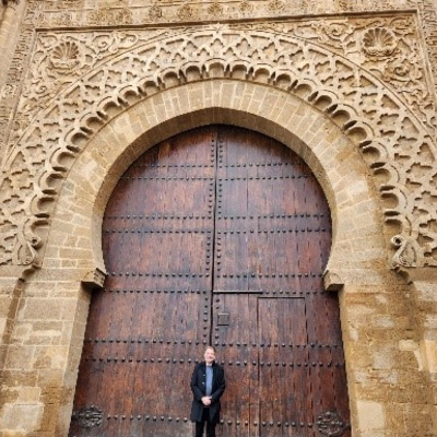 President Field at entrance gate to the Kasbah of the Udayas in Rabat, Morocco.