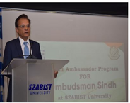 The Provincial Ombudsman Sindh gives speech at Szabist University during a Brand ambassador workshop