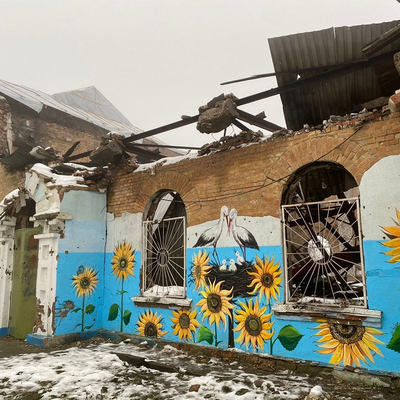 Destroyed buildings in Irpin