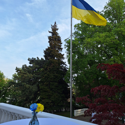 Ukrainian flag displayed at the entrance of the Ukrainian Embassy in Vienna, Austria